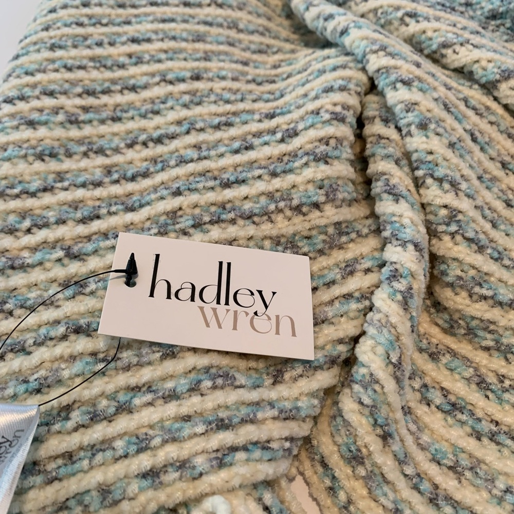 Hadley Wren poncho with soft blues, gray, white. Striped with fringe sides. NWT